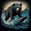 © Firly - Surfing Bear illustration. Design for t-shirts, posters, stickers, web. generative ai