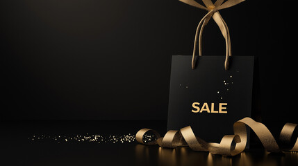 black friday super sale, black shopping bag with golden ribbon and gold confetti and text sale on bl