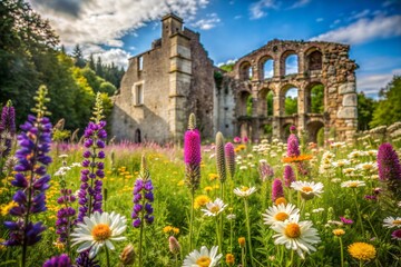 Wall Mural - Ruins of ancient stone building amidst vibrant wildflowers in forest landscape on bright day