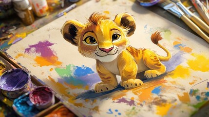 Wall Mural - A cartoon lion cub painting on a large canvas, with colorful splashes of paint and brushes scattered around