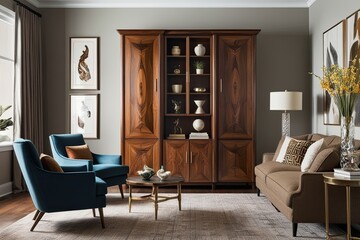 Wall Mural - Elegant Wooden Cabinet with Stylish Decor in a Modern Living Room Design