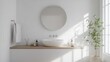 © pinporn manosri - All-white bathroom with sleek fixtures, a round mirror, and a floating vanity for a modern touch.