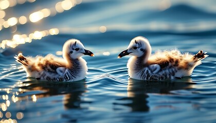 Wall Mural - A pair of small seagulls floated gently on the quiet sea, with sparkling waters around them, calm and beautiful.