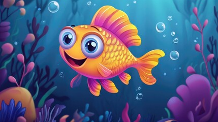 Adorable cartoon fish in vibrant colors, with funny facial expressions, swimming joyfully through a whimsical underwater landscape