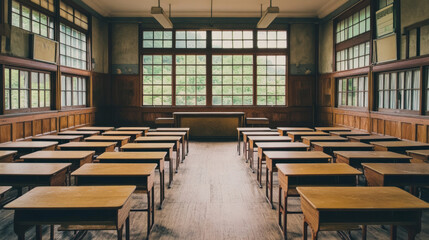 A classroom with empty desks and windows