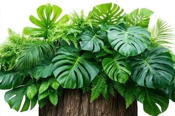 Lush green tropical plants and leaves growing on a tree trunk, isolated on white background.