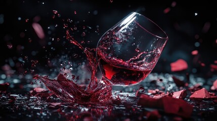 Wall Mural - Broken red wine glass, with spilled wine pooling around the shards, creating a vibrant and striking visual of destruction