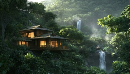 Poster - A Secluded Wooden House Nestled in a Lush Jungle Landscape with Cascading Waterfalls