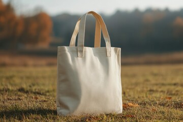 Wall Mural - A white canvas bag sits on a grassy field. The bag is empty and has a simple design.