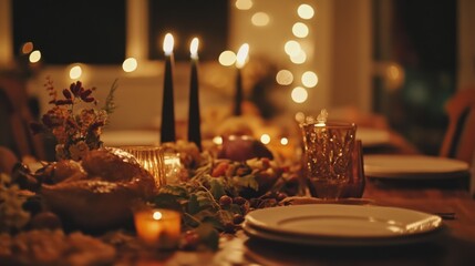 A Table Set for a Festive Dinner with Candles and a Roasted Turkey