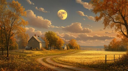 Sticker - Countryside Road with a Full Moon and Autumn Trees