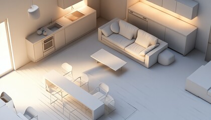 Poster - Minimalist White Interior Design Model with a Kitchen and Living Space