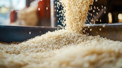 Close-up of a rice grain mill, with freshly milled rice falling into a large container.