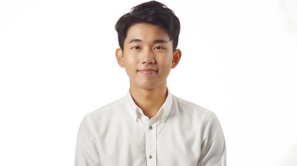 Asian young businessman with a cheerful expression, standing in a confident pose, white background. 32k, full ultra HD, high resolution