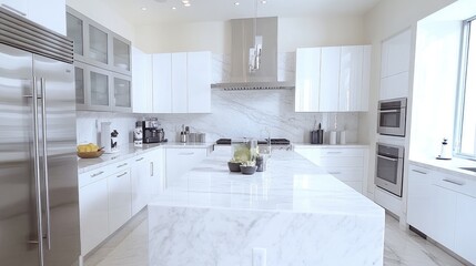 Contemporary white kitchen with sleek cabinets, a marble countertop, and stainless steel appliances, exuding elegance.