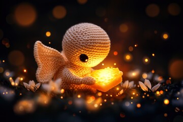 Sticker - Adorable Crochet Angel Holding a Glowing Orb in a Whimsical Setting