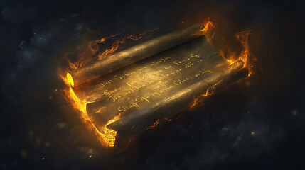 A golden scroll with glowing writing floating in the air. The background is dark and mysterious, creating an atmosphere of mystery or magic.