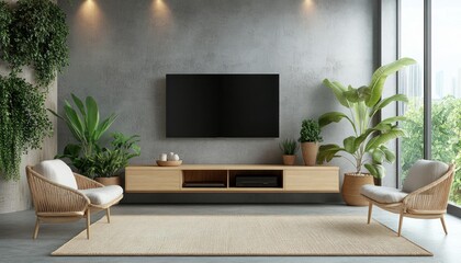 Wall Mural - Minimalist Living Room with Concrete Wall, TV, and Wicker Chairs