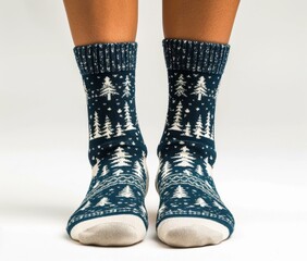 A person wearing blue christmas tree socks on their feet. AI.