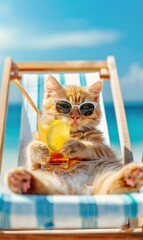 Poster - Cat wearing sunglasses and drinking a cocktail on a beach. AI.