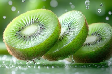 Sticker - Three sliced kiwis with water droplets on a green background.