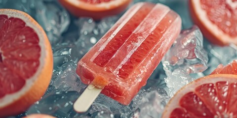 Wall Mural - Selective emphasis on a frozen treat made from red grapefruit alongside ice cubes.