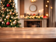 © Nyetock - Empty wood table top with abstract warm living room decor with christmas tree blur background with bokeh light,Holiday backdrop,Mock up banner for display of advertise product ,luxury house