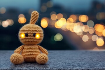 Wall Mural - Cute Crochet Bunny Toy with Glowing Eyes in a City Night Background