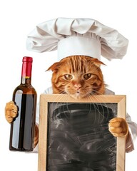 Poster - Cat in a chef's hat holding a bottle of wine and a blank blackboard. AI.