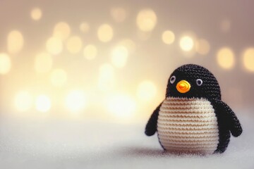 Canvas Print - Adorable Knit Penguin Toy with Bokeh Background