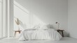 © pinporn manosri - Minimalist white bedroom with a comfortable bed, crisp linens, and a simple wooden side table with a lamp. -