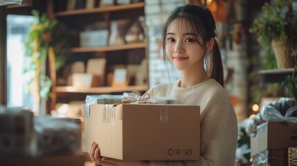 Smiling Woman Holding Package in Cozy Small Business Store with Warm Lighting