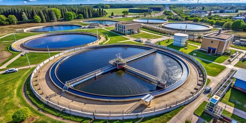 Aerial view of solid contact clarifier tank with sludge recirculation in water treatment plant