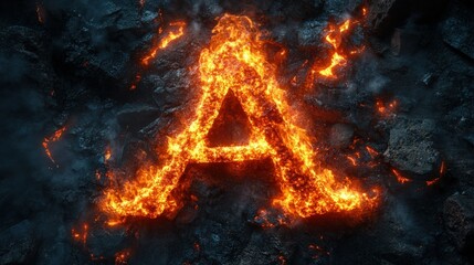 Wall Mural - Fiery letter A formed by flames against a dark background of ashes and rocks.