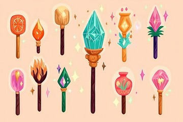 Magical Wands and Staffs with Colorful Gems and Toppings