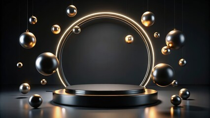 Wall Mural - Black podium floating with spheres and illuminated ring, black podium, floating, spheres, illuminated, ring, futuristic