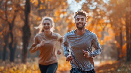 A happy romantic couple is jogging for exercise in park while they travel on their summer holiday trip together.