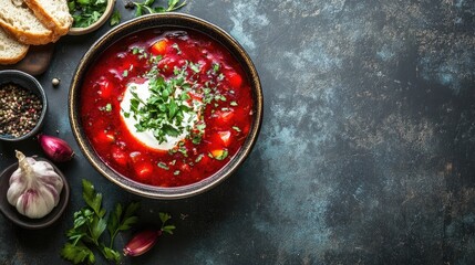 Canvas Print - Close-up of traditional Russian borscht with sour cream, garnished with fresh herbs, and plenty of copy space on the side.