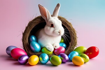 Sticker - Charming Easter Bunny Emerging from Cozy Nest Surrounded by Colorful Chocolate Eggs on Pastel Background