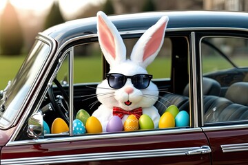 Sticker - Easter Bunny in Trendy Sunglasses with Surprise Eggs in Vintage Car