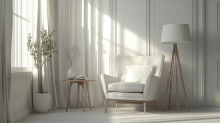 White interior of a cozy reading corner with a comfortable chair, side table, and a floor lamp