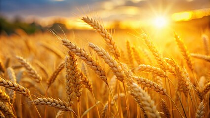 Golden ears of wheat glowing in sunlight on a summer field, agriculture, crop, harvest, rural, farm, growth, nature, sunny