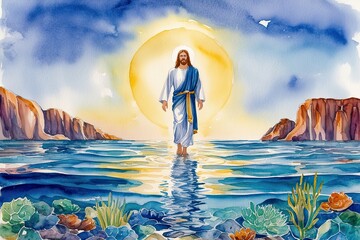 the lord walking on clear waters in a beautiful watercolor artwork