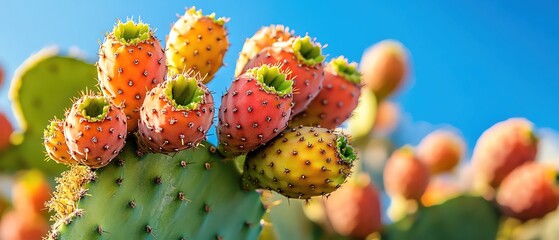 Vibrant prickly pear cactus fruit on a large green cactus plant under a bright blue sky