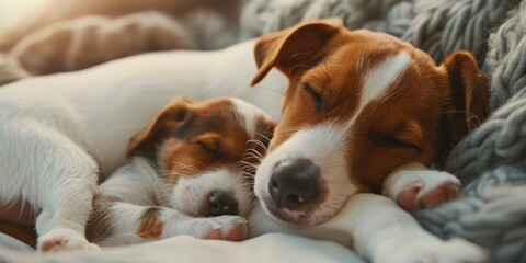 Charming Jack Russell Terrier puppy snuggles with its howling mother while receiving care for both puppies and nursing dogs.