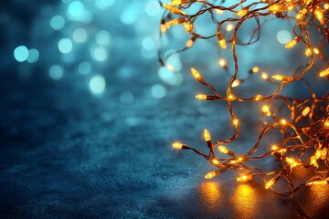 Christmas garland golden and blue colors. Glowing string lights with golden hues hang against a soft bokeh background,