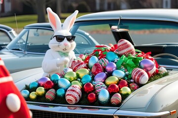 Sticker - Easter Bunny in Sunglasses Overlooking Classic Car Filled with Festive Treats