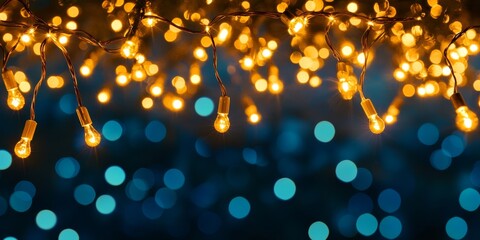 Christmas garland golden and blue colors. Glowing string lights with golden hues hang against a soft bokeh background,