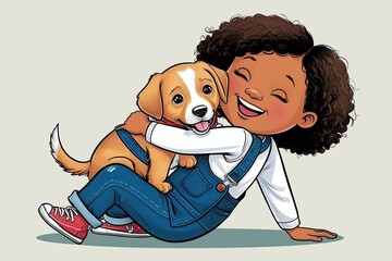 Wall Mural - Delightful Cartoon Art of Joyful Girl Embracing Adorable Puppy in Stylish Overalls