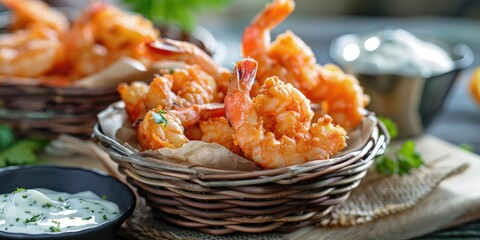 Sticker - Appetizing presentation of crisp golden shrimp accompanied by zesty tartar sauce in charming woven baskets.